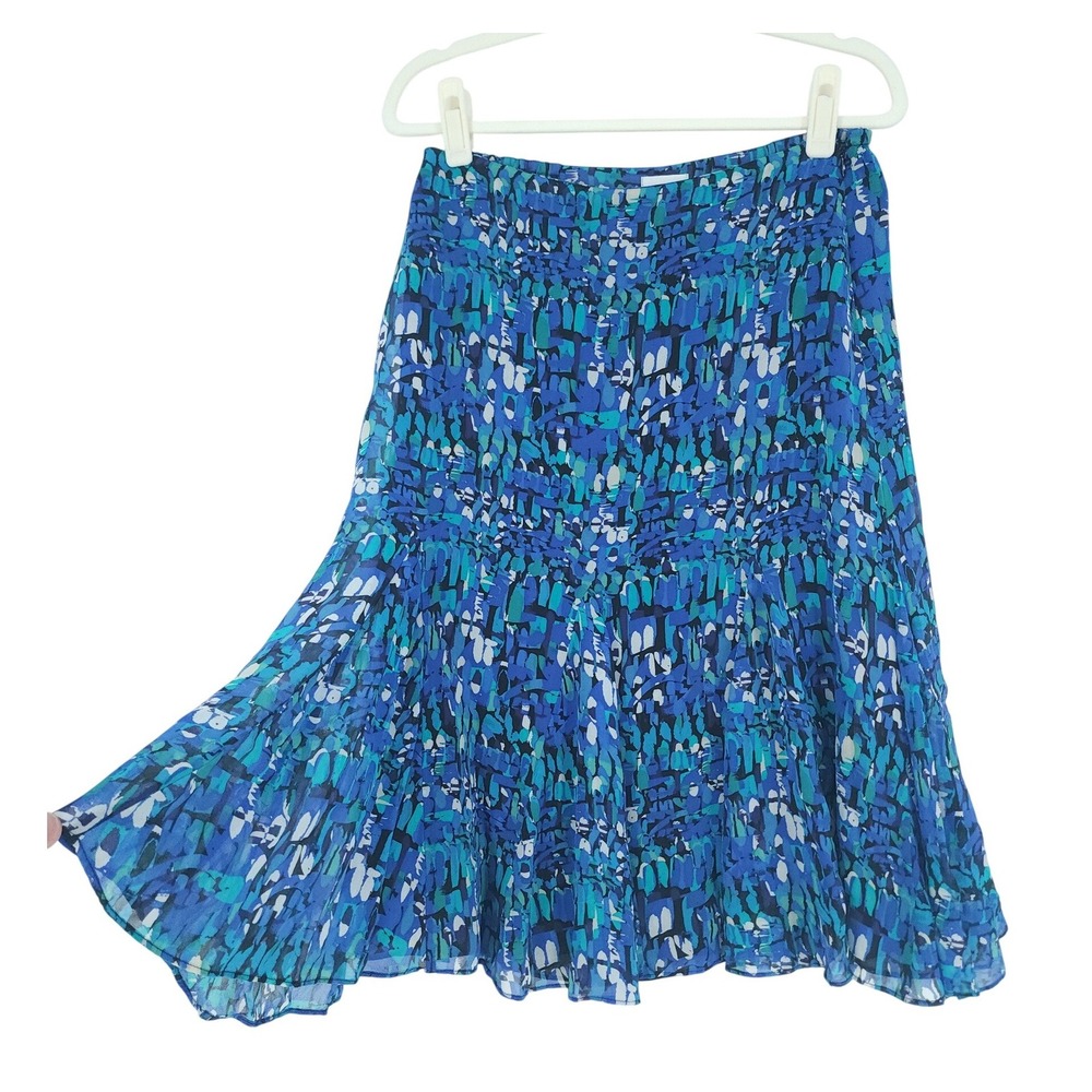 Chico's Silk Chiffon Midi Skirt Womens 0 Blue Green Abstract Print Flowy Luxury